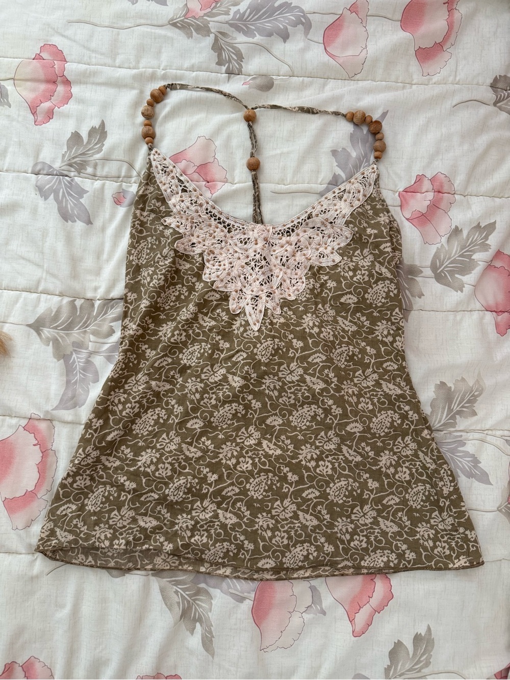 Charlotte Russe Olive Floral Lace-Trim Camisole with Wood Beads
